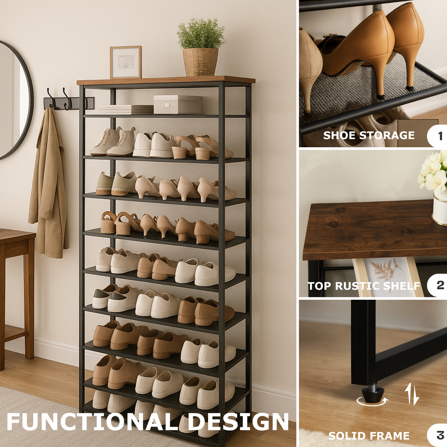 rustic industrial 10 tier shoe rack - shoe storage