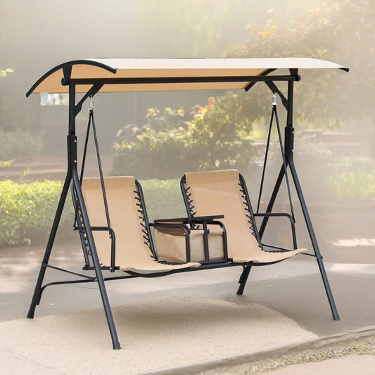 2 Seater Garden Swinging Chair With Pivot Table Beige