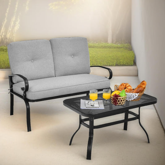 2 Seater Outdoor Bench With Padded Cushions And Table Grey