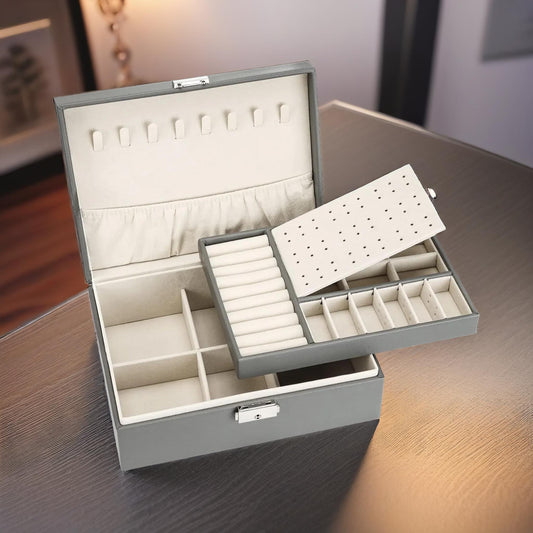 2 Tier Jewellery Box With Lock And Key Grey