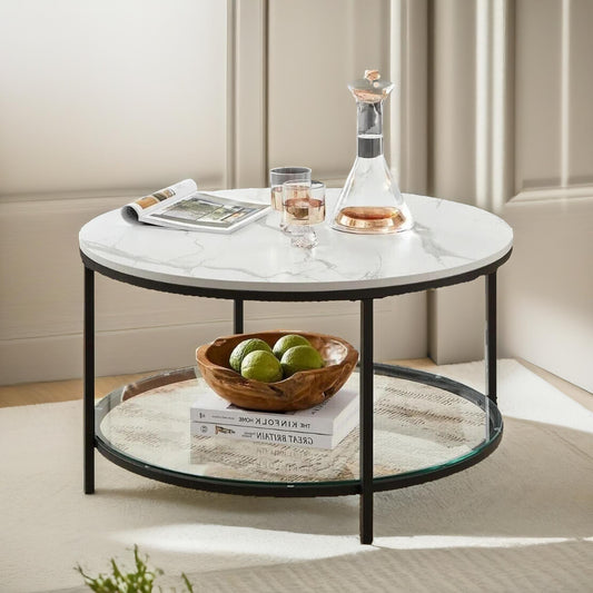 2 Tier Round Faux Marble Coffee Table White
