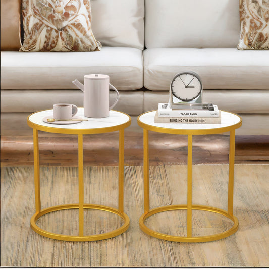 Set Of 2 Faux Marble Round Bedside Nightstand Table Gold