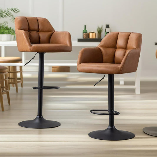 2PC Height Adjustable 360 PU Leather Swivel Barstools Set With Armrest Brown