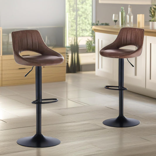 2PC Height Adjustable PU Leather Swivel Barstools Set Brown