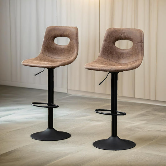 2PC Height Adjustable 360 Swivel Barstools Set With Shell Backrest Brown