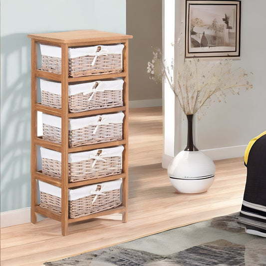 5 Drawer Wicker Basket Storage Unit Brown
