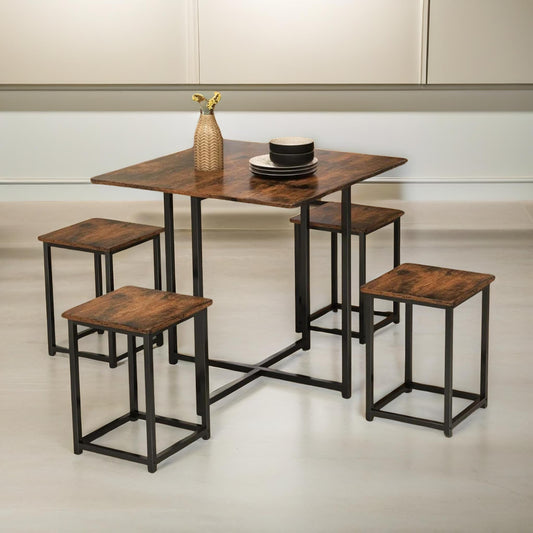 5-Piece Dining Table And Square Stool Set Kitchen Rustic Brown