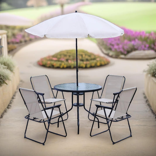 6 Piece Bistro Set With 4 Chairs, Table And Parasol Cream