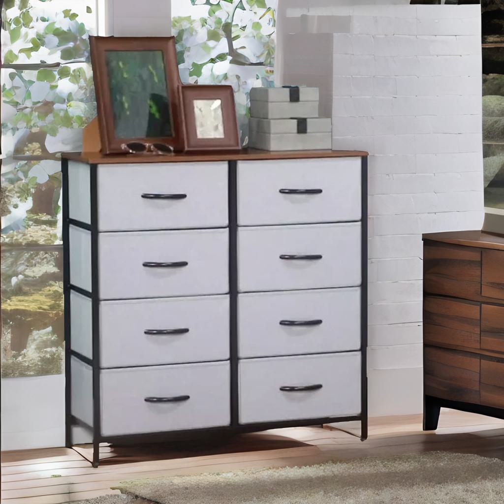 8 fabric drawer bedroom dresser with wooden top grey