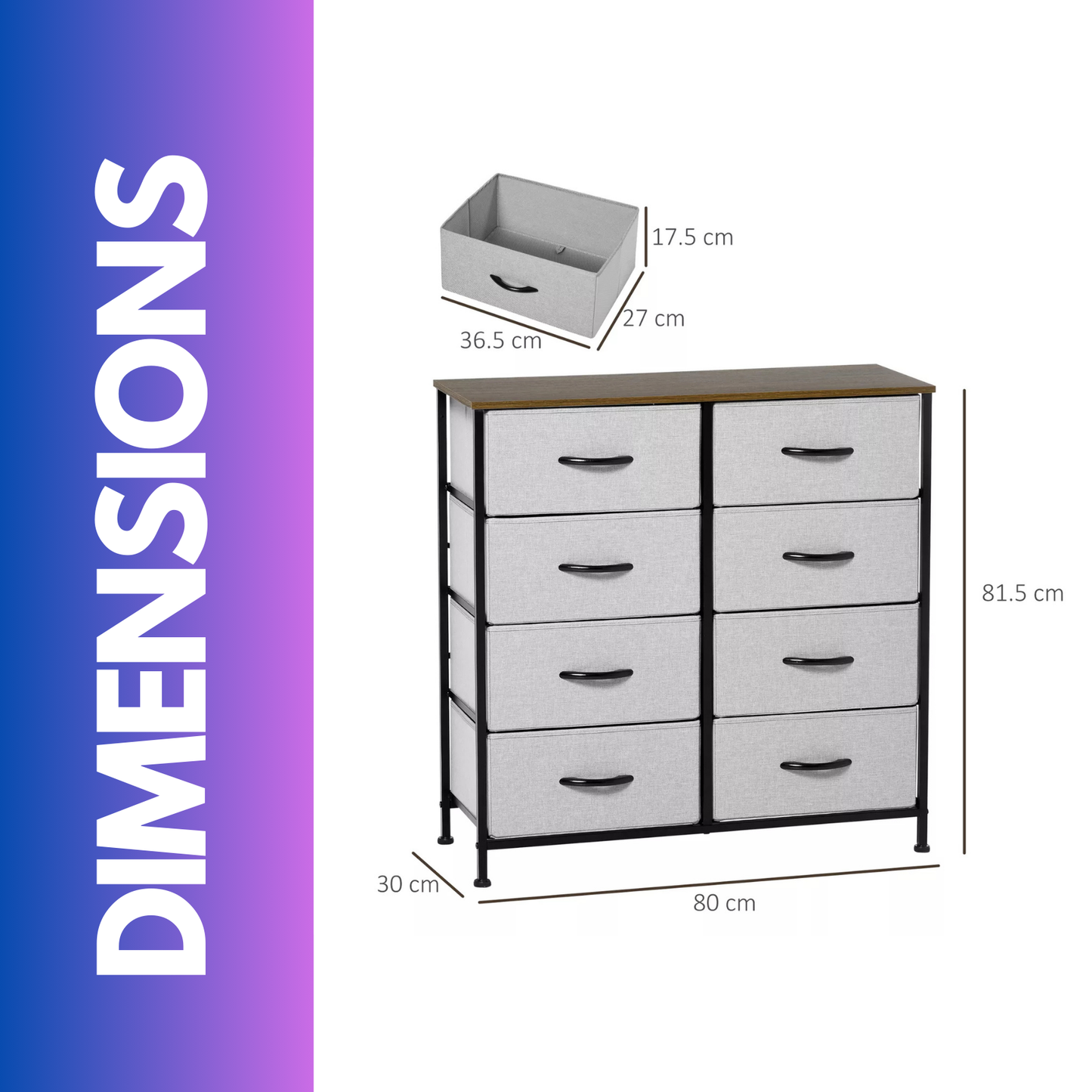 8 fabric drawer bedroom dresser with wooden top grey