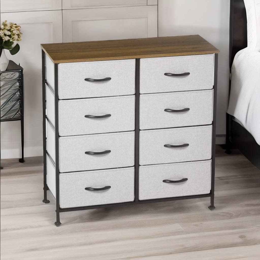 8 fabric drawer bedroom dresser with wooden top grey