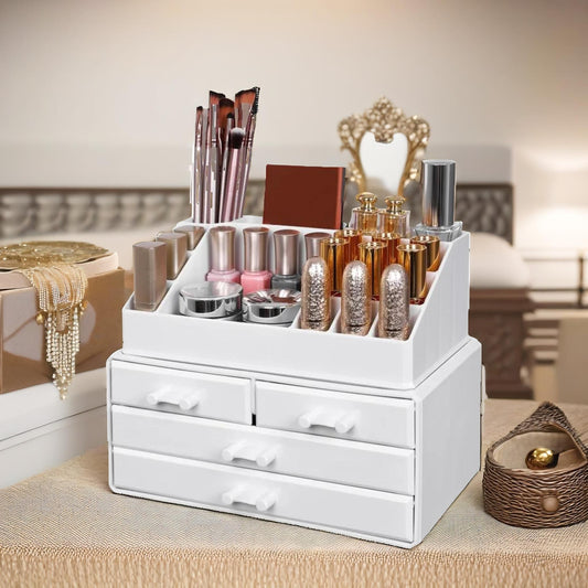 3 Tier Acrylic Make Up Organiser With 4 Drawers White