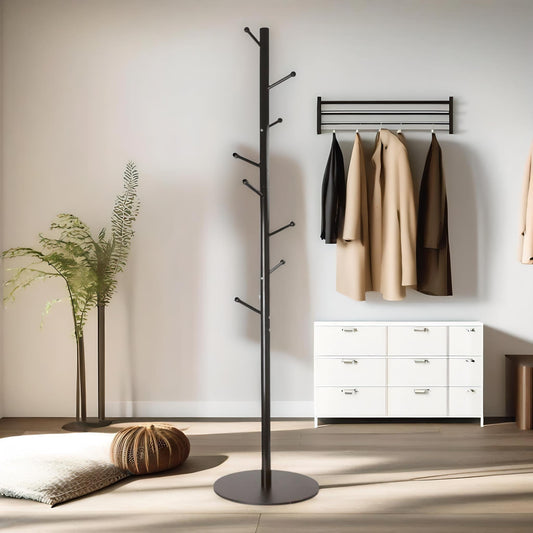 Adjustable Metal Coat Stand With 8 Hooks Black