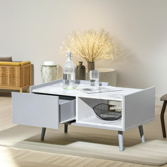 Faux Marble Coffee Table With Storage Shelf and Drawer Grey