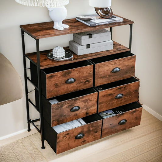 Industrial Bedroom Dresser Chest Of 6 Drawers Rustic Brown