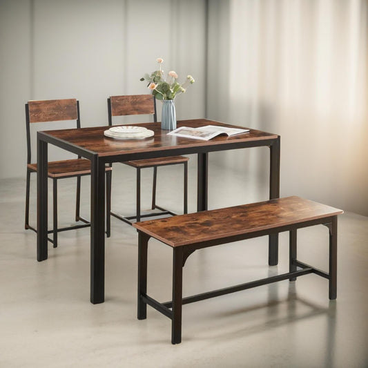 Industrial Compact Dining Table Set With 1 Bench And 2 Chairs Rustic Brown