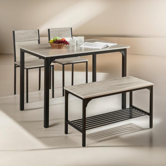 Industrial Compact Dining Table With 1 Bench & 2 Chair Set Grey