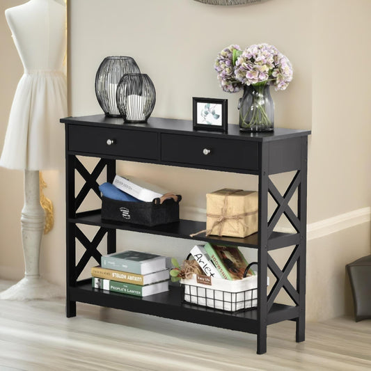 3 Tier Console Table With 2 Drawers Black