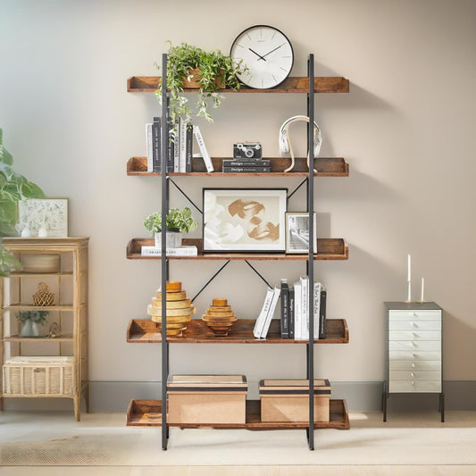 Industrial 5 Tier Bookcase Storage Shelf Unit Rustic Brown