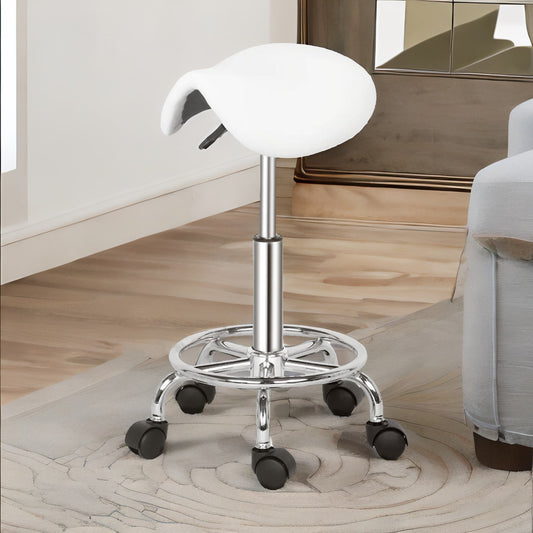 Saddle Salon Stool Chair With Adjustable Height and 360 Swivel White