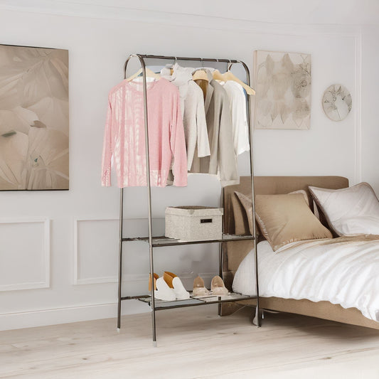 Heavy Duty Metal Clothes Rail Open Wardrobe With 2 Shelves Black
