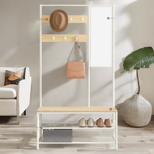 Hall Tree Coat Stand With Shoe Bench and Mirror Oak