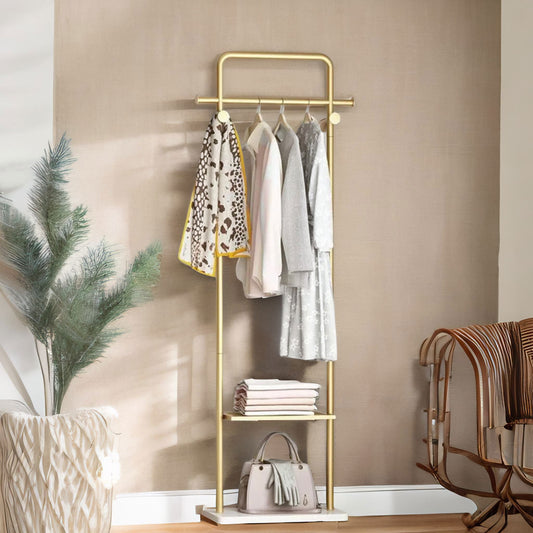 Metal Double Coat Stand With 4 Hooks And Hanging Rail Gold