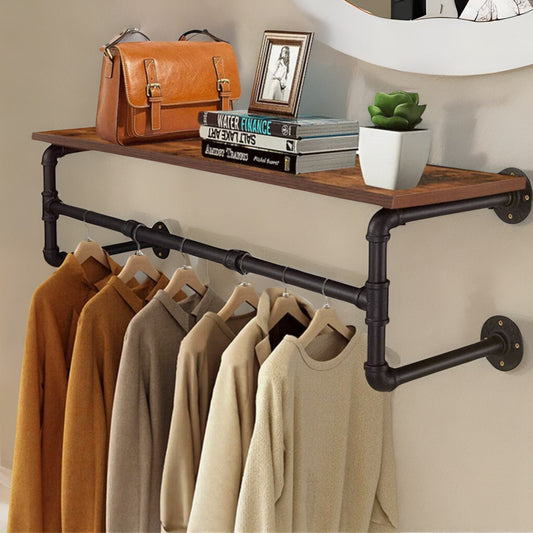 Industrial Heavy Duty Pipe Wall-Mounted Floating Shelf With Hanging Rail Brown