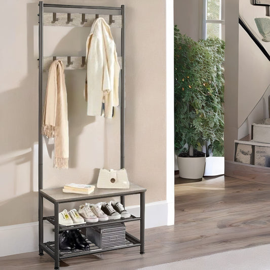 Hall Tree Coat Stand With Shoe Storage and Hooks Brown
