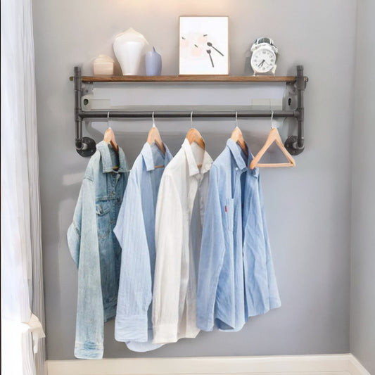 Industrial Pipe Wall-Mounted Floating Shelf With Hanging Rail Brown