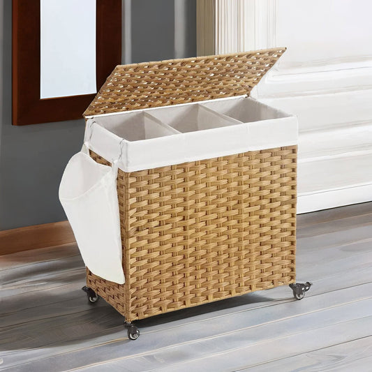 3 Compartment Laundry Basket With Removable Bags And Wheels Natural Brown