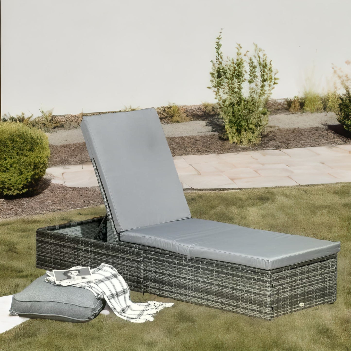 rattan sun lounger for garden reclining deck bed with cushion grey