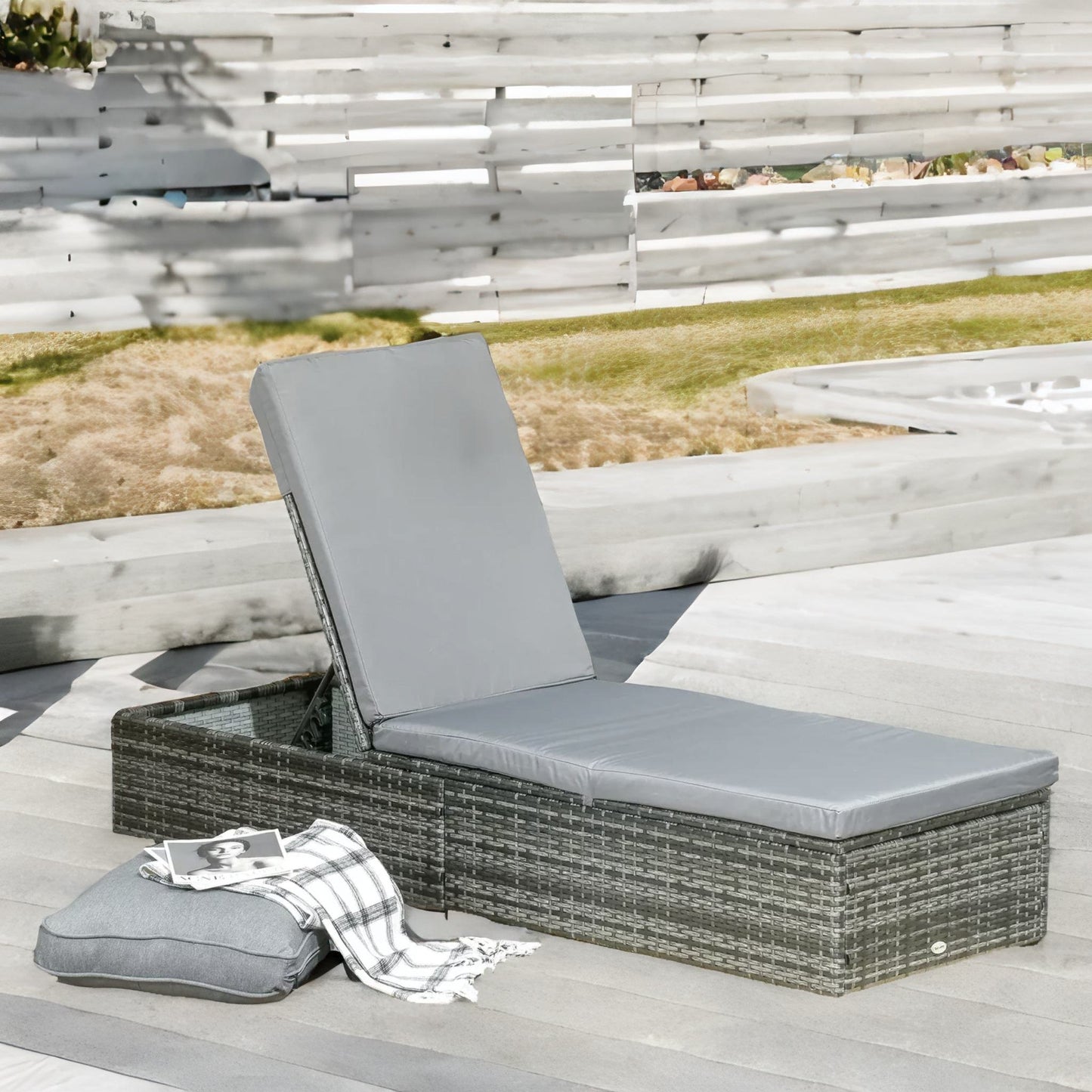 rattan sun lounger for garden reclining deck bed with cushion grey