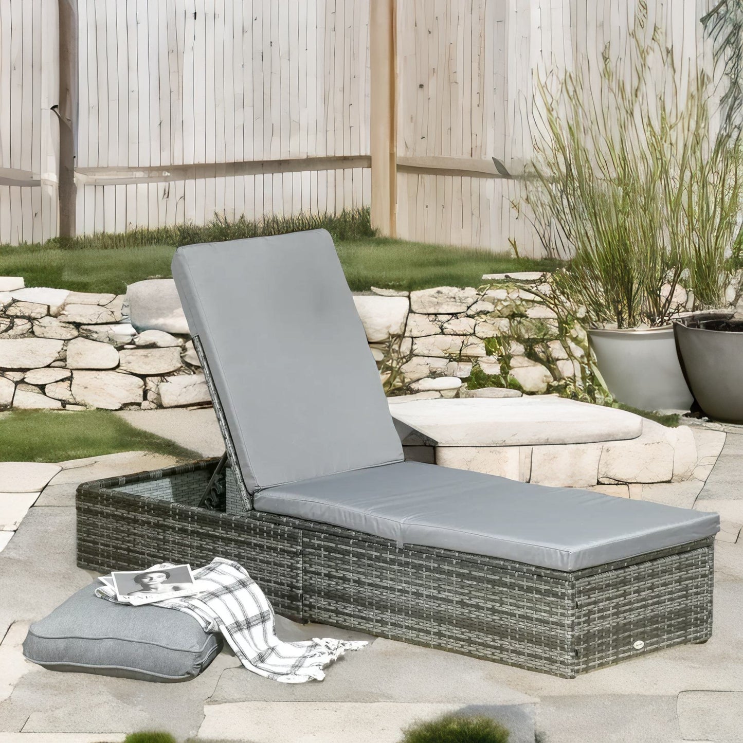 rattan sun lounger for garden reclining deck bed with cushion grey