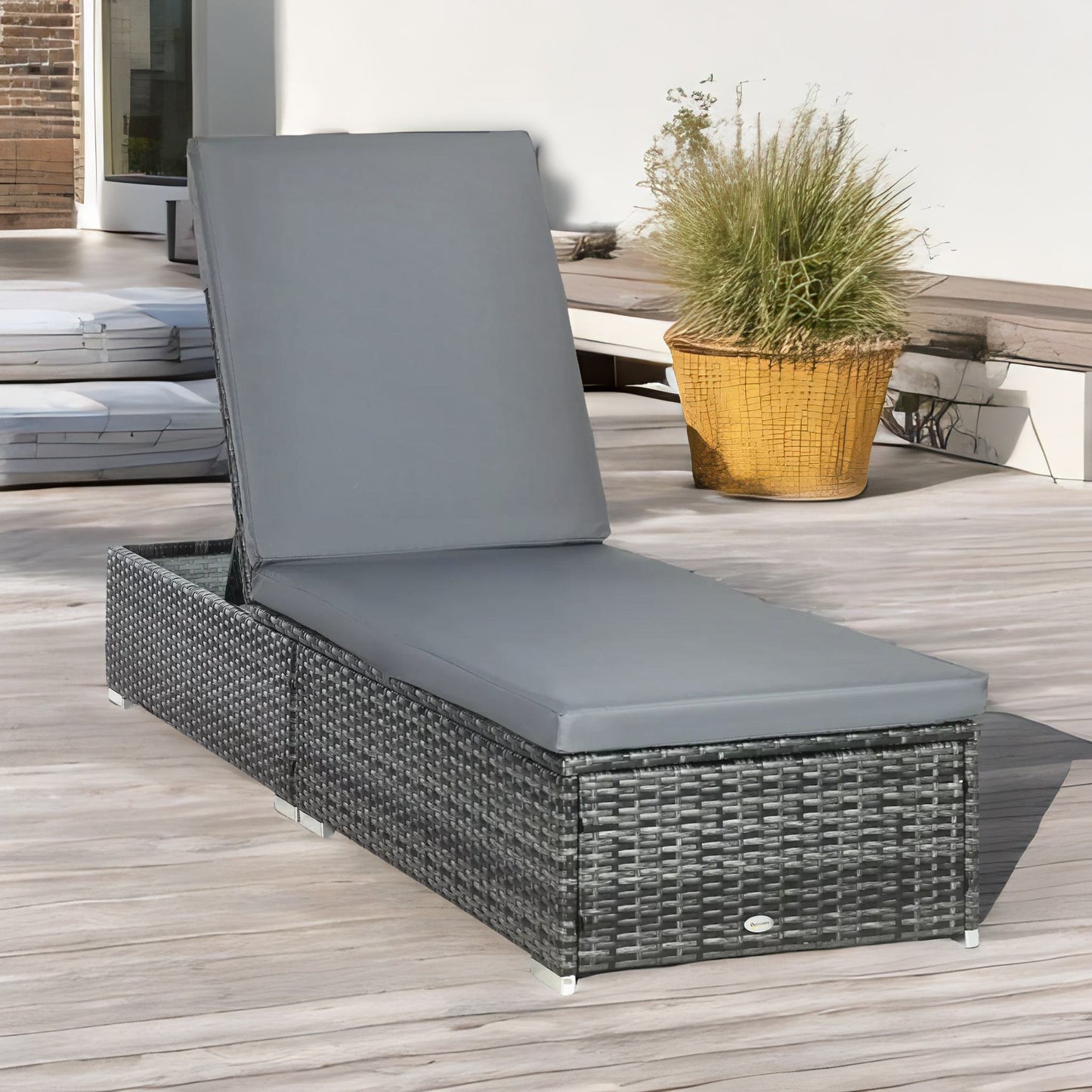 rattan sun lounger for garden reclining deck bed with cushion grey