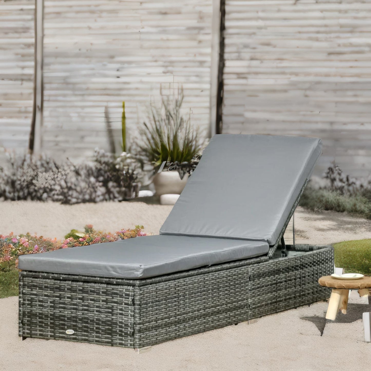 rattan sun lounger for garden reclining deck bed with cushion grey