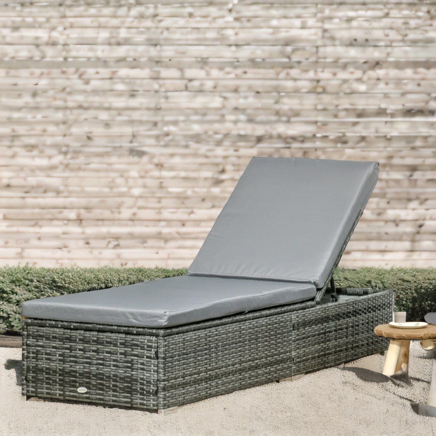 rattan sun lounger for garden reclining deck bed with cushion grey