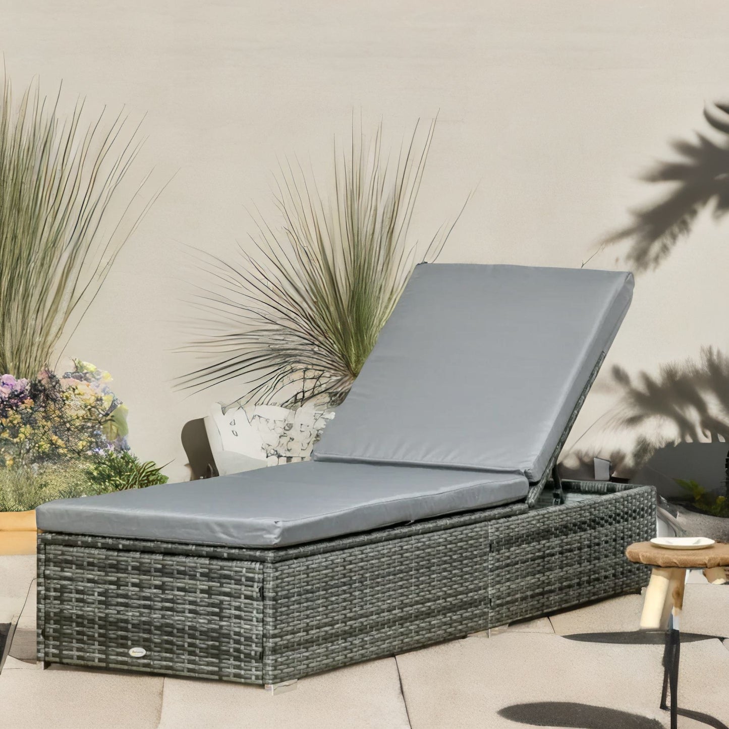 rattan sun lounger for garden reclining deck bed with cushion grey