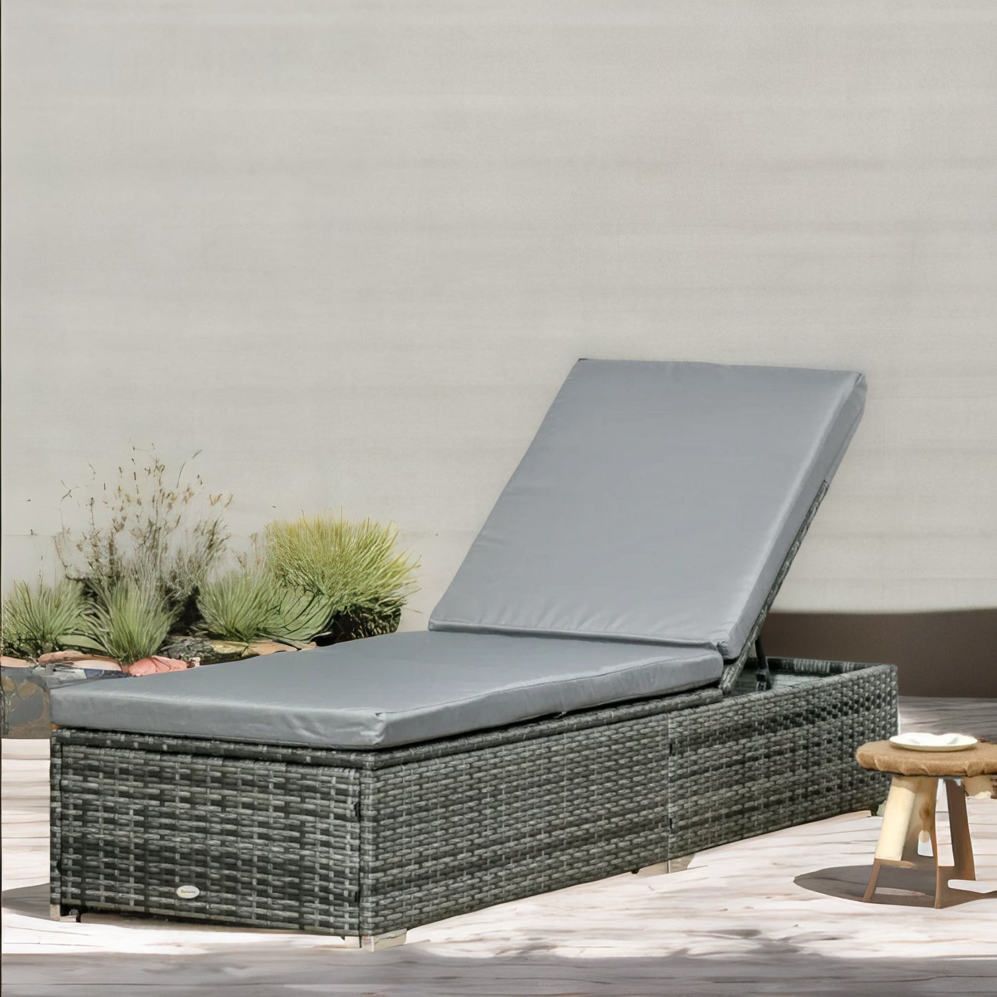 rattan sun lounger for garden reclining deck bed with cushion grey