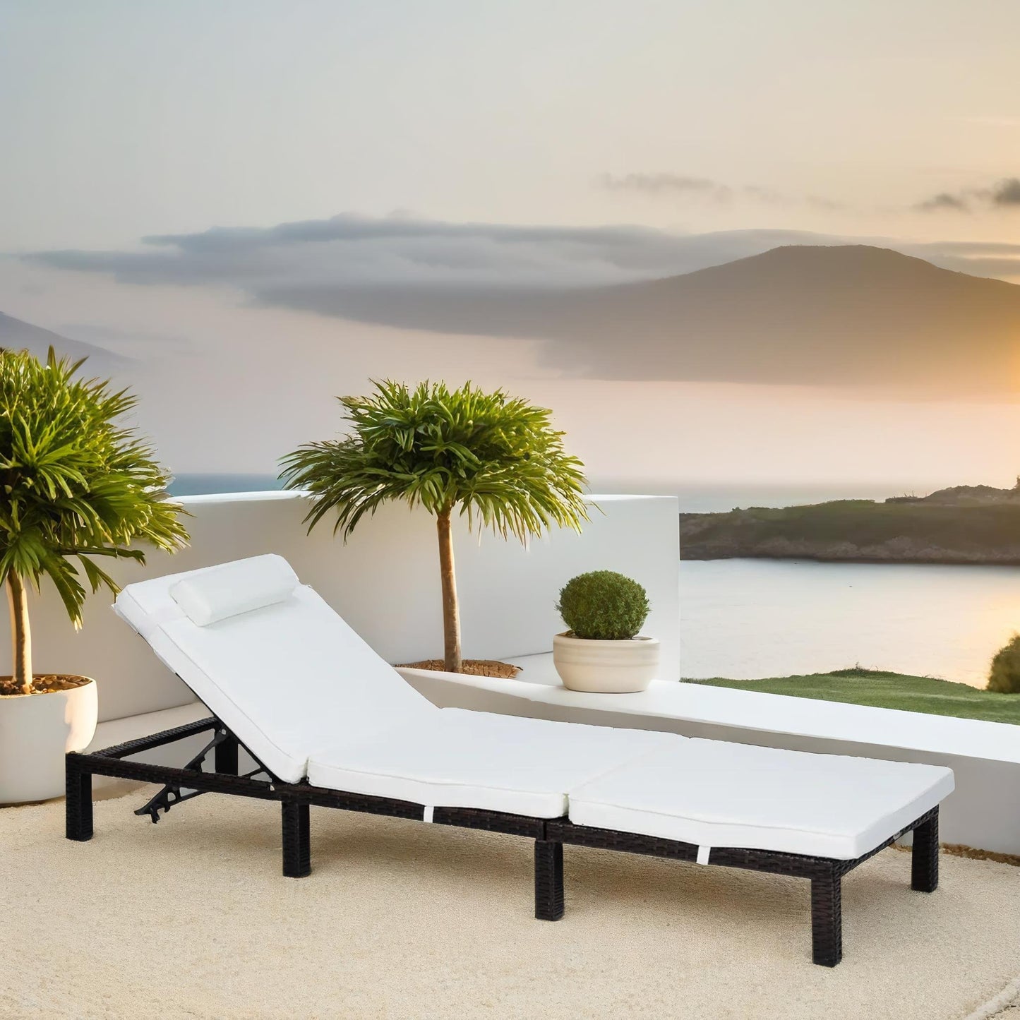 rattan sun lounger for garden reclining deck chair with cushion cream