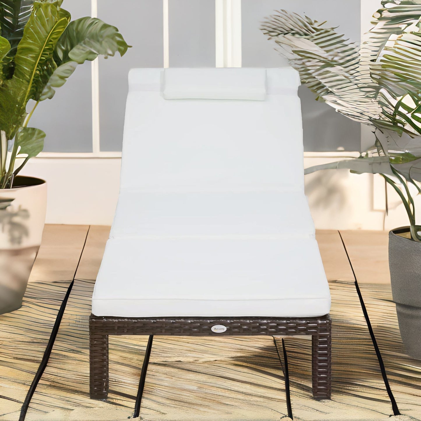 rattan sun lounger for garden reclining deck chair with cushion cream