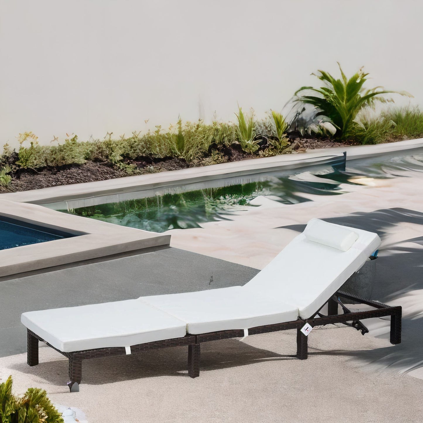 rattan sun lounger for garden reclining deck chair with cushion cream