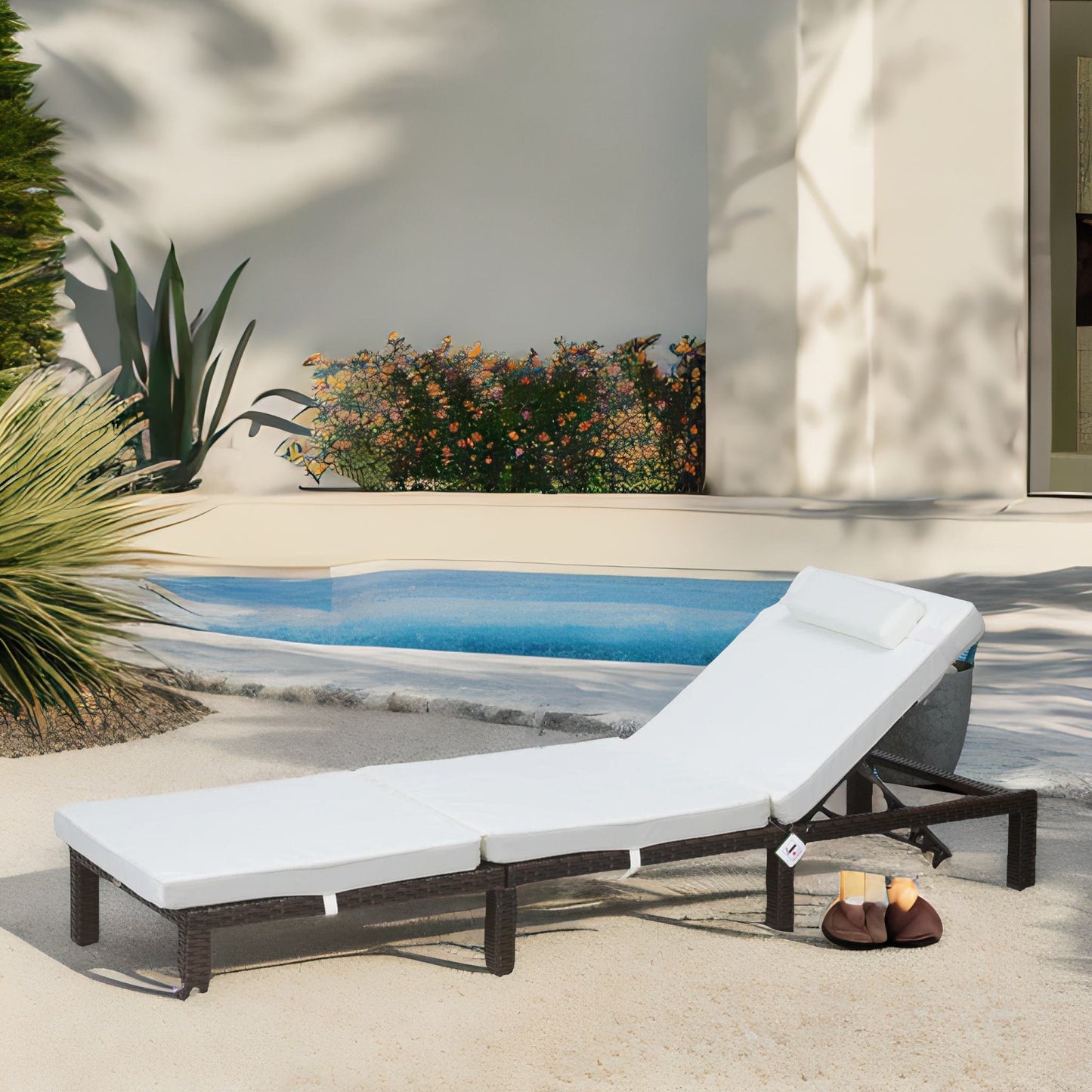 rattan sun lounger for garden reclining deck chair with cushion cream