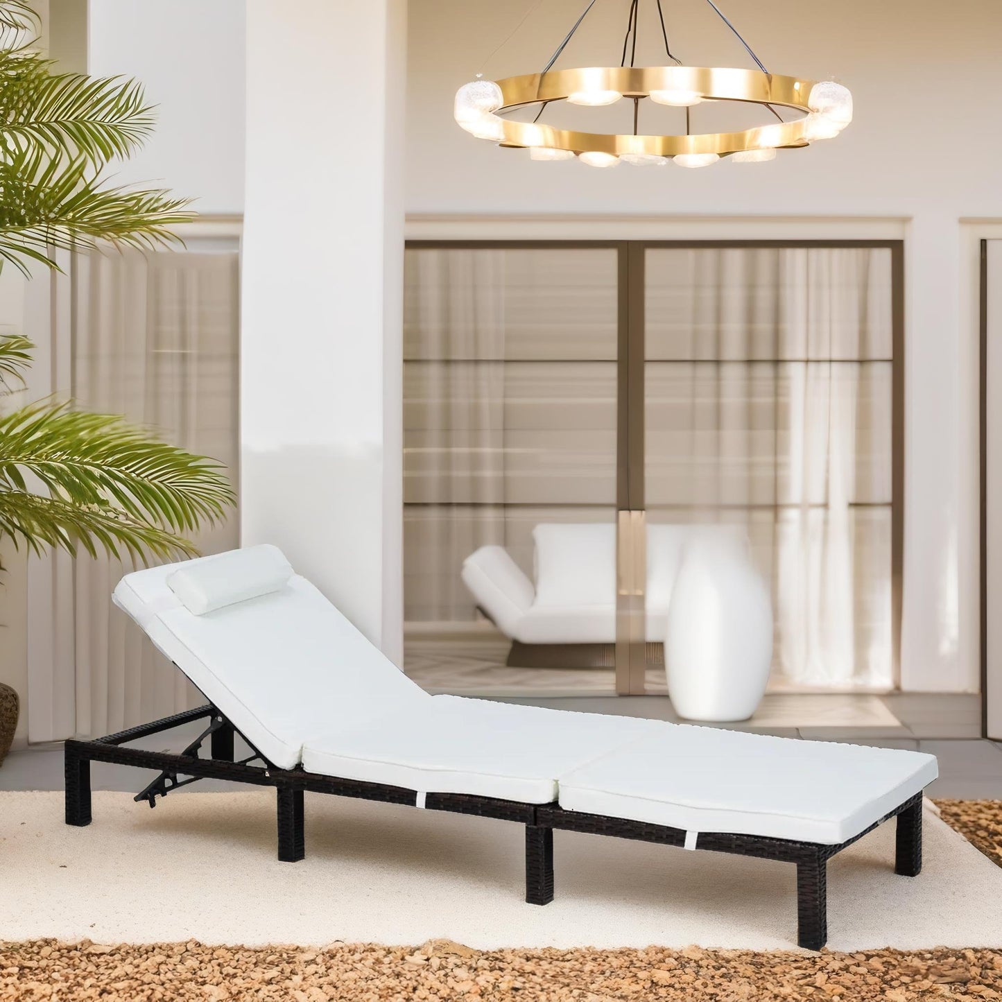 rattan sun lounger for garden reclining deck chair with cushion cream