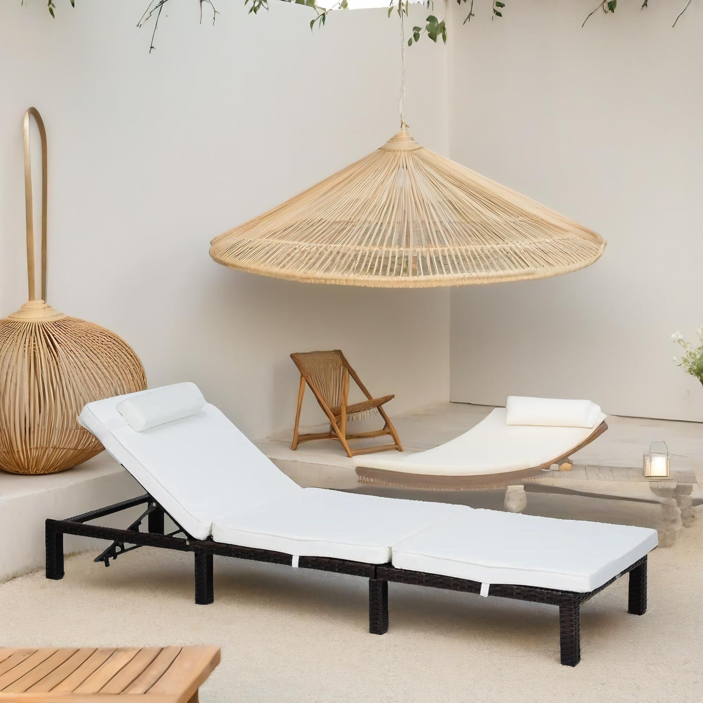 rattan sun lounger for garden reclining deck chair with cushion cream