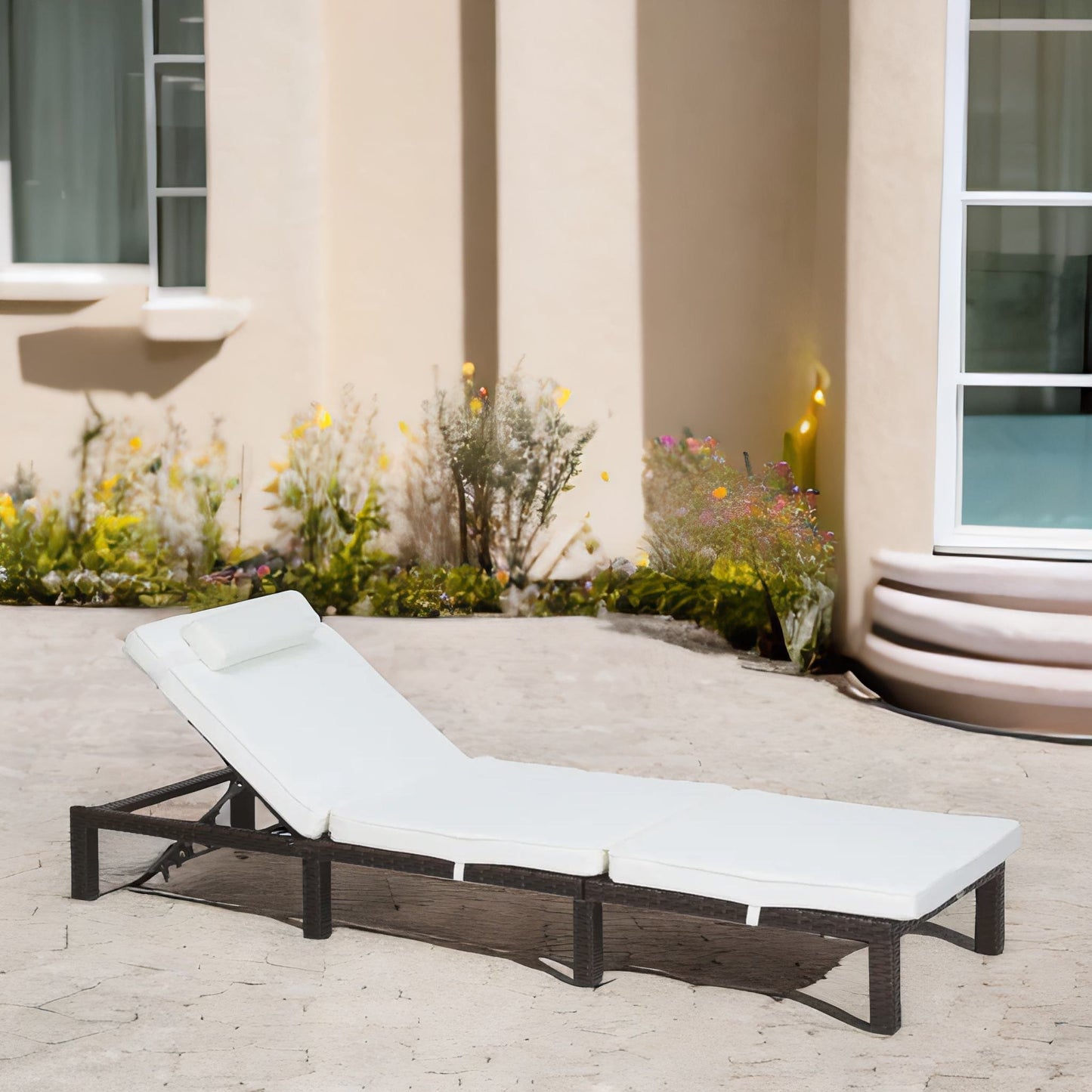 rattan sun lounger for garden reclining deck chair with cushion cream