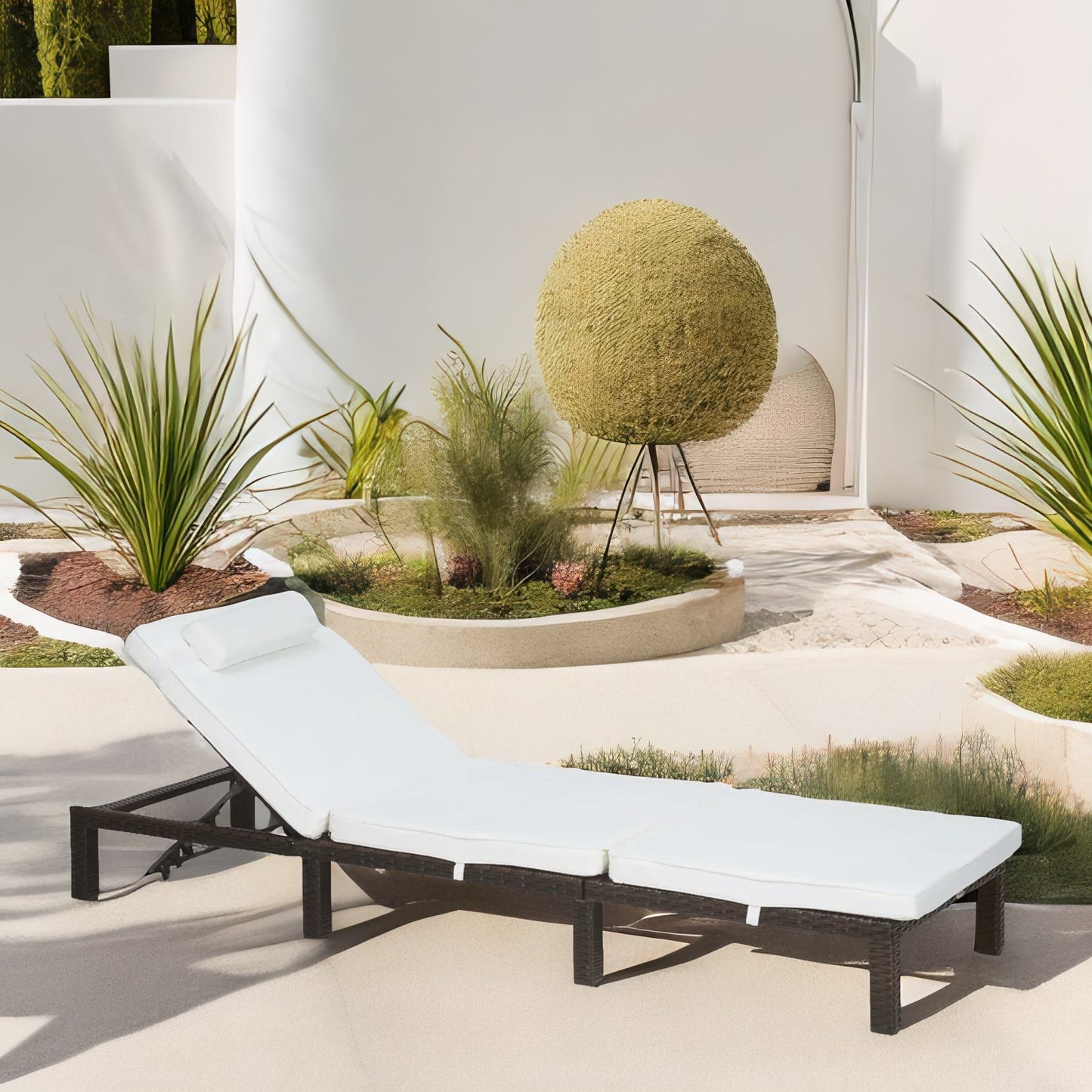 rattan sun lounger for garden reclining deck chair with cushion cream
