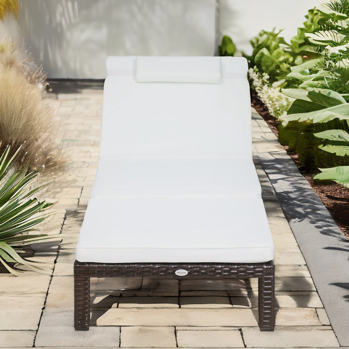 rattan sun lounger for garden reclining deck chair with cushion cream