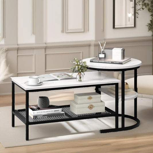 Set Of 2 Faux Marble Nesting Tables Black