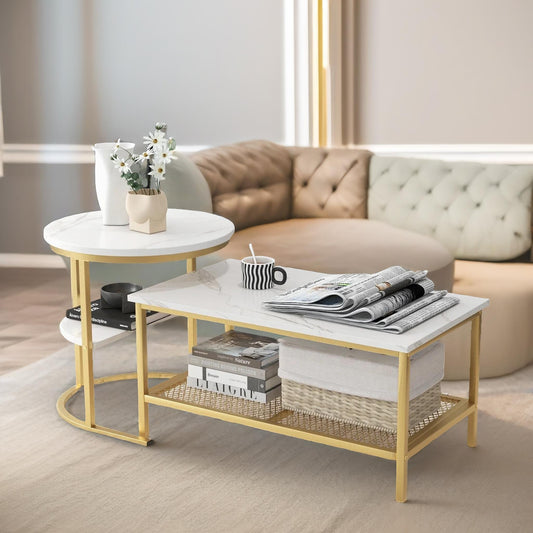 Set Of 2 Faux Marble Nesting Tables Gold